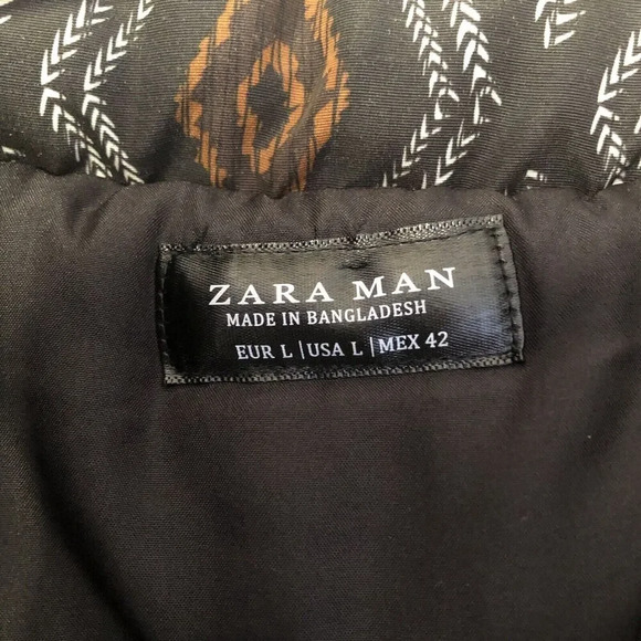 Zara Man Black Color Block Cobalt Blue Aztec Print Puffer Jacket Coat Size Large - Picture 7 of 9